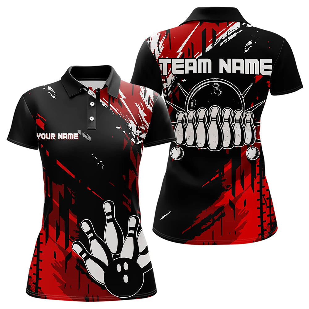 Black and Red Womens bowling shirts Custom retro bowling ball and pins bowling team league jerseys NQS9454