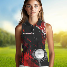 Load image into Gallery viewer, Black and Red Womens Golf Sleeveless Polo Shirts Custom retro golf ball clubs golf team league jerseys NQS9455