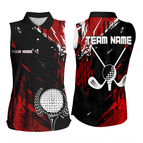 Black and Red Womens Golf Sleeveless Polo Shirts Custom retro golf ball clubs golf team league jerseys NQS9455