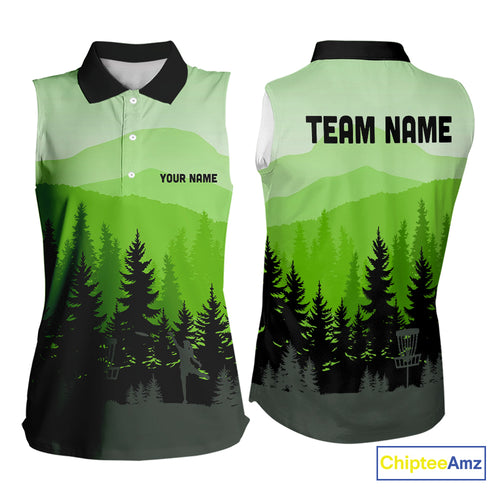 Green pattern forest Womens sleeveless polo shirt Custom team disc golf jerseys for ladies NQS10027