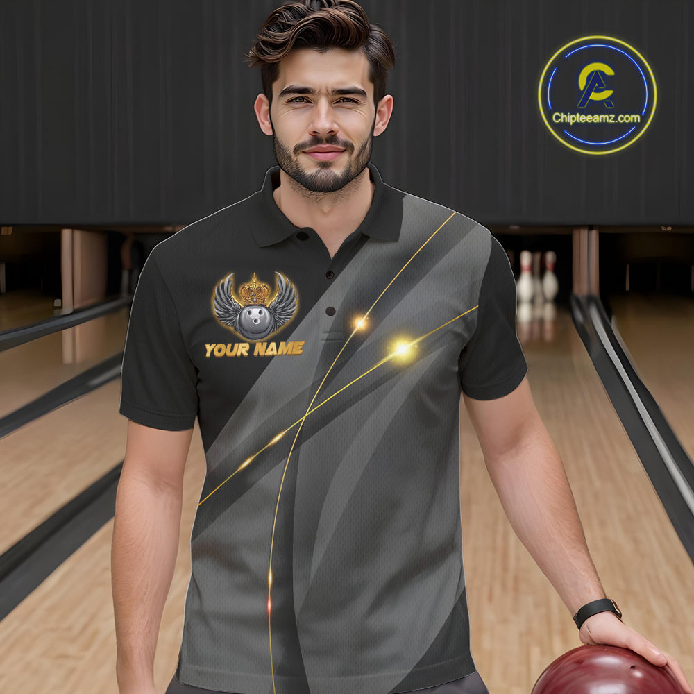 Black and Gold Crown Bowling ball wings Bowling Shirts For Men Custom Bowling Team Outfits NQS10549