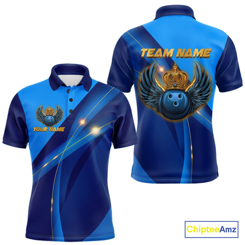 Blue and Gold Crown Bowling ball wings Bowling Shirts For Men Custom Bowling Team Outfits NQS10550