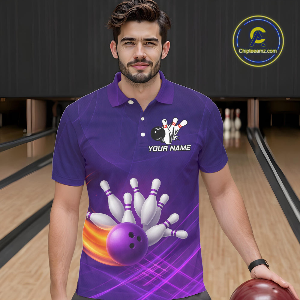 Purple Flame Bowling Polo, Quarter Zip Shirts For Men Custom Team Bowling Jersey Uniform NQS10768