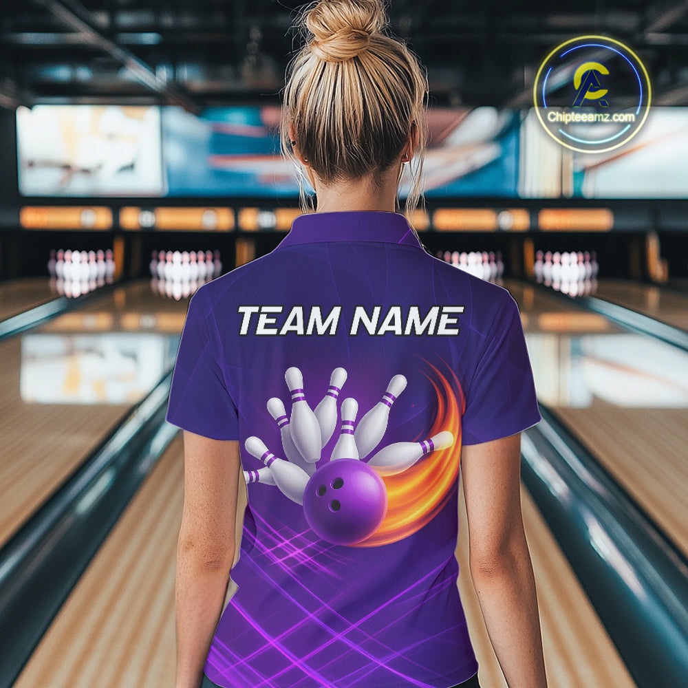 Purple Flame Bowling Polo, Quarter Zip Shirts For Women Custom Team Bowling Jersey Uniform NQS10768