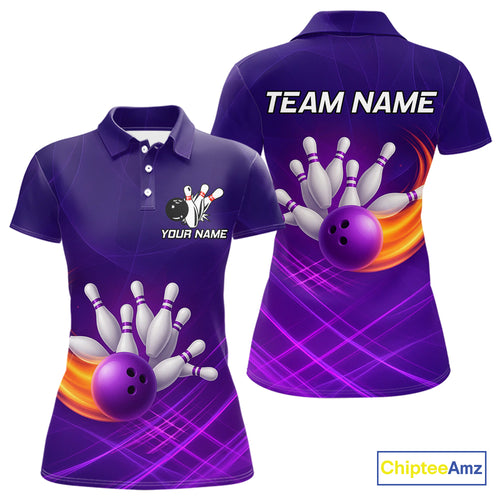 Purple Flame Bowling Polo, Quarter Zip Shirts For Women Custom Team Bowling Jersey Uniform NQS10768