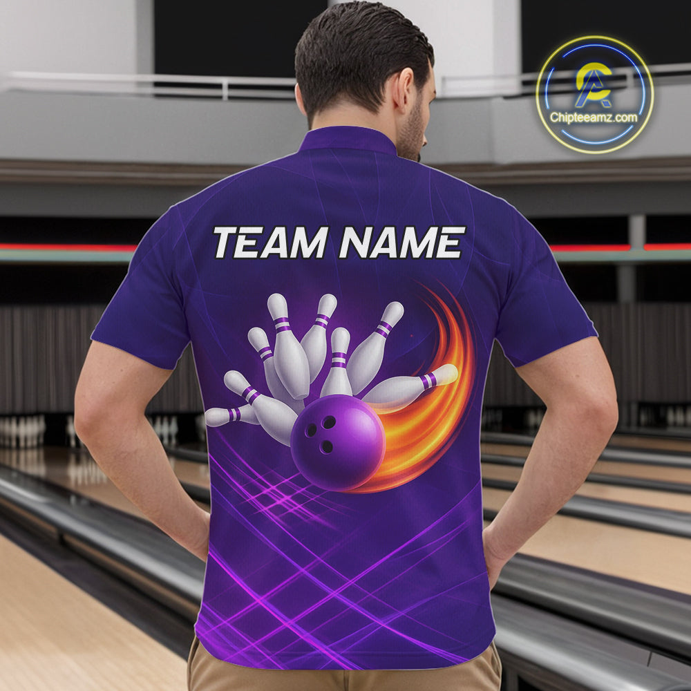 Purple Flame Bowling Polo, Quarter Zip Shirts For Men Custom Team Bowling Jersey Uniform NQS10768