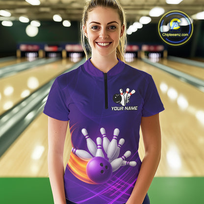 Purple Flame Bowling Polo, Quarter Zip Shirts For Women Custom Team Bowling Jersey Uniform NQS10768
