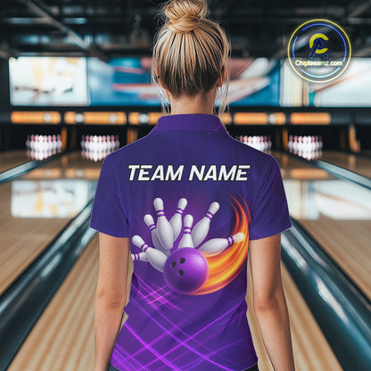 Purple Flame Bowling Polo, Quarter Zip Shirts For Women Custom Team Bowling Jersey Uniform NQS10768