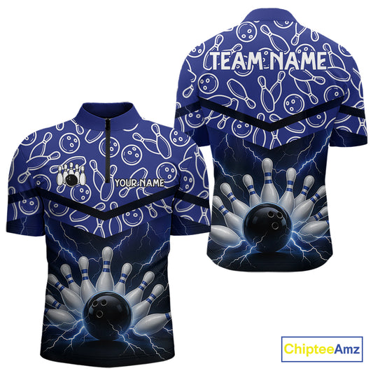 Blue camo Lightning Thunder Bowling Shirts For Men Custom Team Quarter Zip, Polo style bowling shirts NQS10962