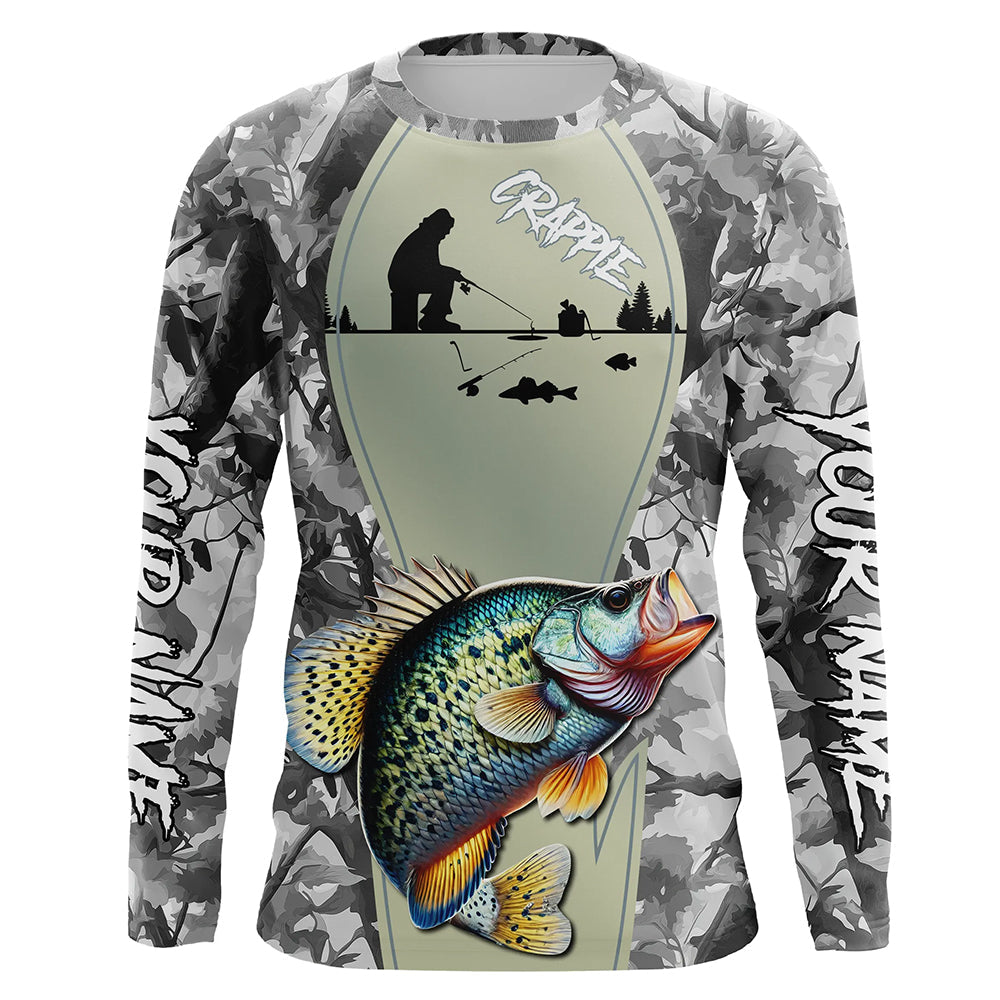 Personalized Winter camo Crappie Ice Fishing Shirts Custom Team Crappie Long Sleeve Fishing Jersey NQS9288