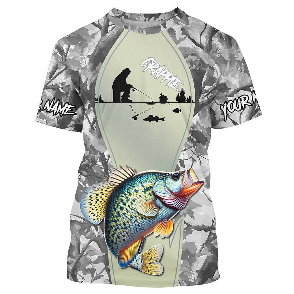 Personalized Winter camo Crappie Ice Fishing Shirts Custom Team Crappie Long Sleeve Fishing Jersey NQS9288