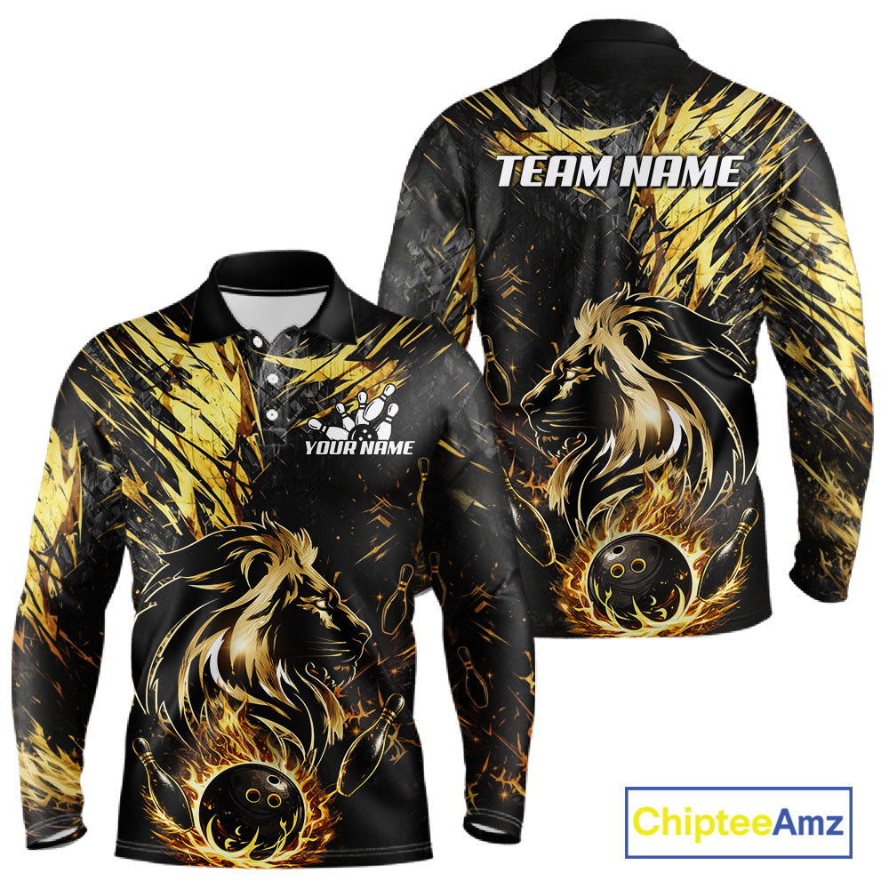 Black and Gold Lion Bowling Polo, 1/4 Zip Shirt for Men Custom Lion Bowling Team jerseys NQS11682