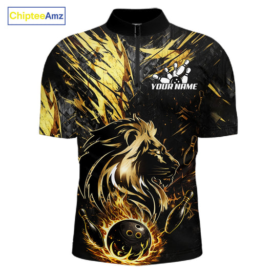 Black and Gold Lion Bowling Polo, 1/4 Zip Shirt for Men Custom Lion Bowling Team jerseys NQS11682