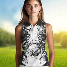 Load image into Gallery viewer, Black and White broken Golf ball Women Sleeveless Polo shirt Custom Team golf uniform ladies golf tops NQS9787