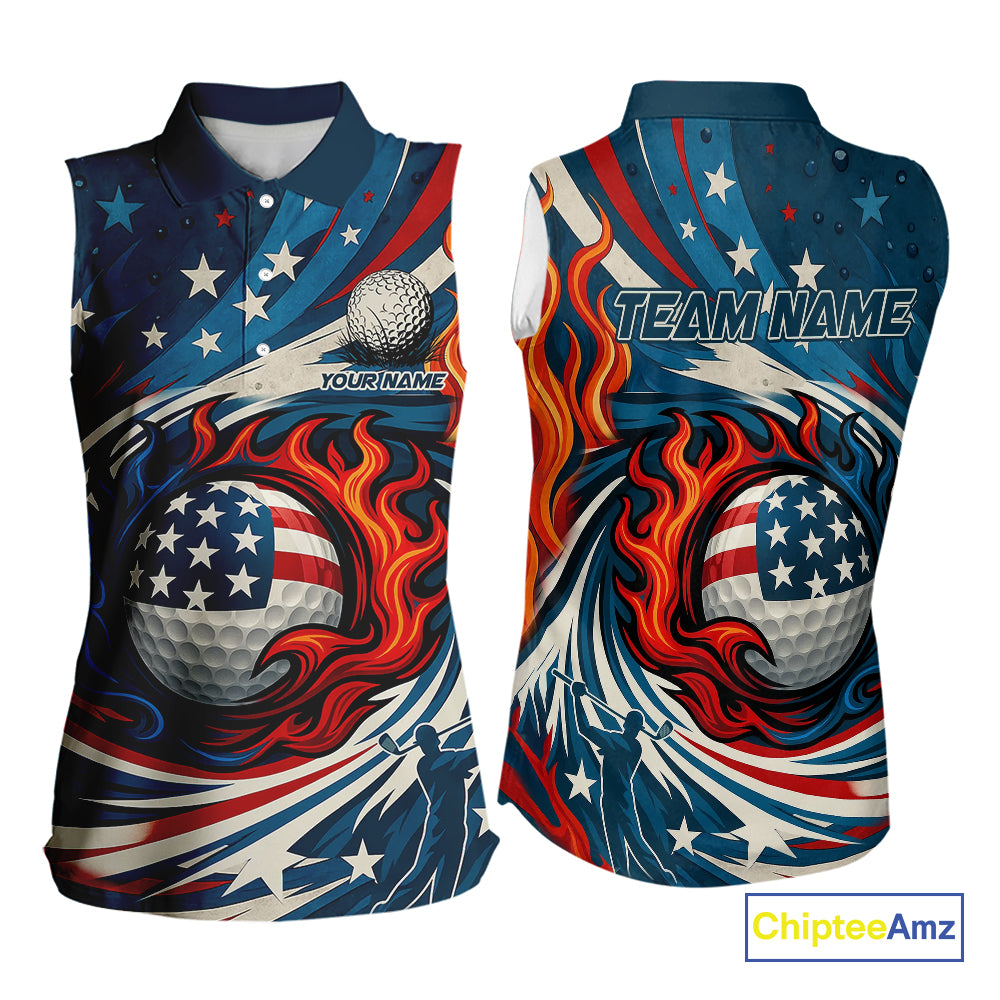 American Flag pattern Flame golf ball Sleeveless Golf polo shirts Custom patriotic women Golf Outfit NQS10038