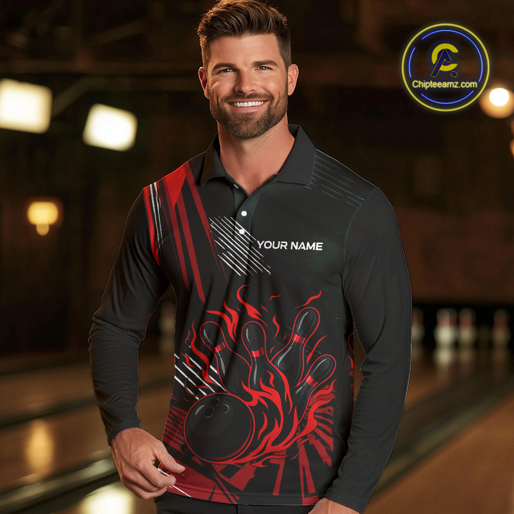 Black and Red Flame Bowling Polo, Quarter Zip Shirts For Men Custom Bowling Outfit Team Jerseys NQS10192