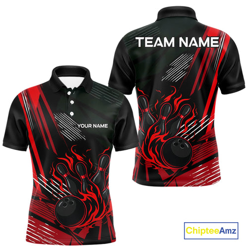 Black and Red Flame Bowling Polo, Quarter Zip Shirts For Men Custom Bowling Outfit Team Jerseys NQS10192