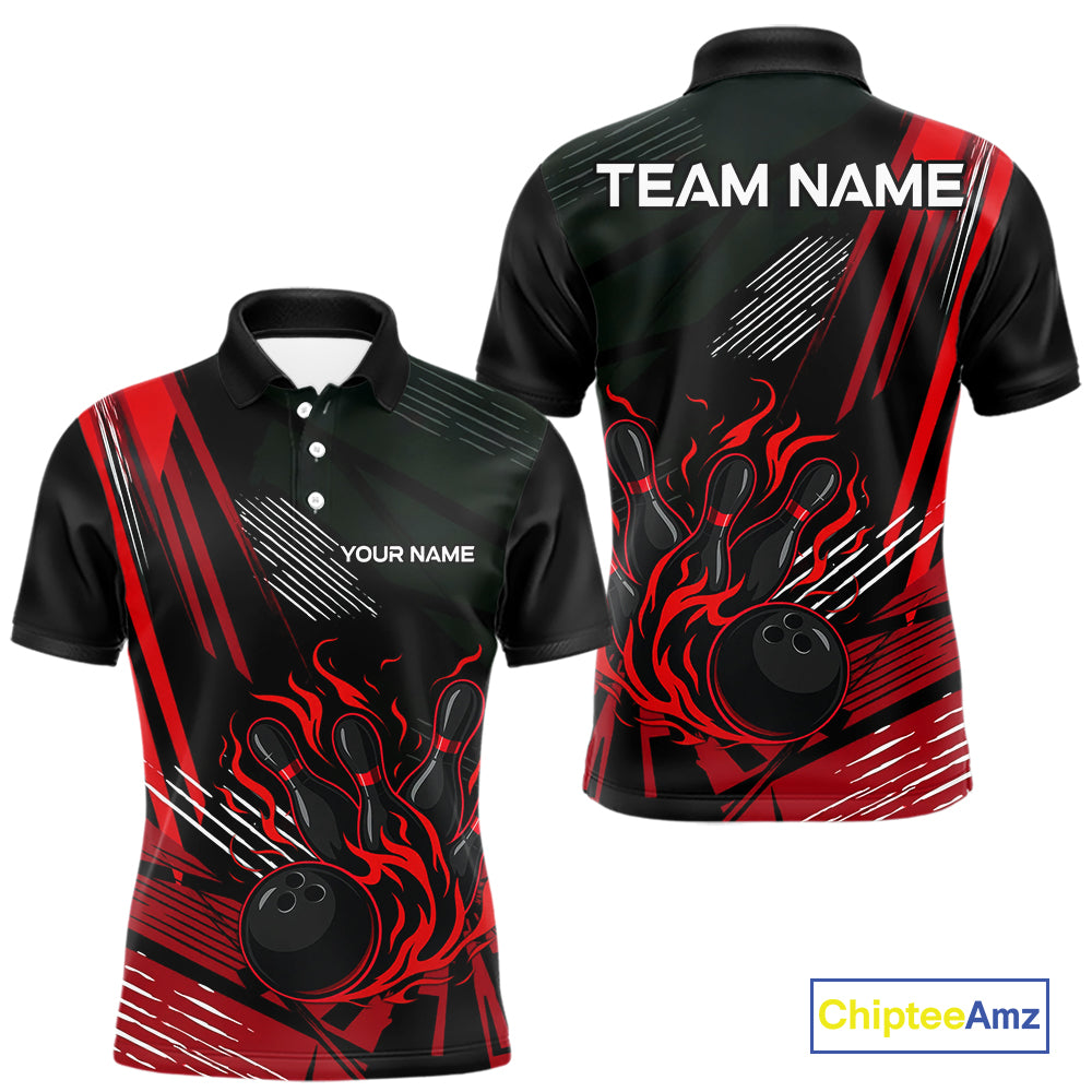 Black and Red Flame Bowling Polo, Quarter Zip Shirts For Men Custom Bowling Outfit Team Jerseys NQS10192
