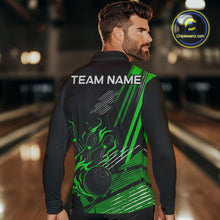 Load image into Gallery viewer, Black and Green Flame Bowling Polo, Quarter Zip Shirts For Men Custom Bowling Outfit Team Jerseys NQS10193