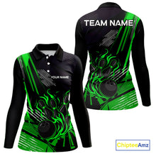 Load image into Gallery viewer, Black and Green Flame Bowling Polo, Quarter Zip Shirts For Women Custom Bowling Outfit Team Jerseys NQS10193