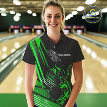 Load image into Gallery viewer, Black and Green Flame Bowling Polo, Quarter Zip Shirts For Women Custom Bowling Outfit Team Jerseys NQS10193