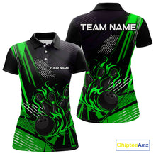 Load image into Gallery viewer, Black and Green Flame Bowling Polo, Quarter Zip Shirts For Women Custom Bowling Outfit Team Jerseys NQS10193