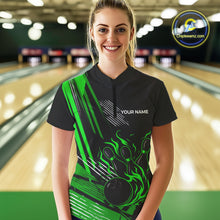 Load image into Gallery viewer, Black and Green Flame Bowling Polo, Quarter Zip Shirts For Women Custom Bowling Outfit Team Jerseys NQS10193