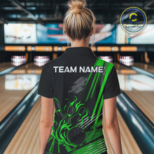 Load image into Gallery viewer, Black and Green Flame Bowling Polo, Quarter Zip Shirts For Women Custom Bowling Outfit Team Jerseys NQS10193