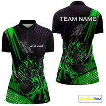 Load image into Gallery viewer, Black and Green Flame Bowling Polo, Quarter Zip Shirts For Women Custom Bowling Outfit Team Jerseys NQS10193