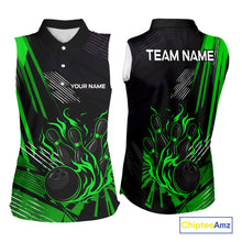Load image into Gallery viewer, Black and Green Flame Bowling sleeveless polo Shirts Custom Bowling Outfit Team Jerseys NQS10193