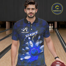Load image into Gallery viewer, Blue Camo strike Men&#39;s Bowling Polo, Quarter Zip Shirt Custom Team Bowling jersey, gift for bowler NQS10343