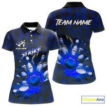 Load image into Gallery viewer, Blue Camo strike Women&#39;s Bowling Polo, Quarter Zip Shirt Custom Team Bowling jersey, gift for bowler NQS10343