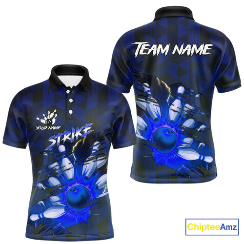 Blue Camo strike Men's Bowling Polo, Quarter Zip Shirt Custom Team Bowling jersey, gift for bowler NQS10343