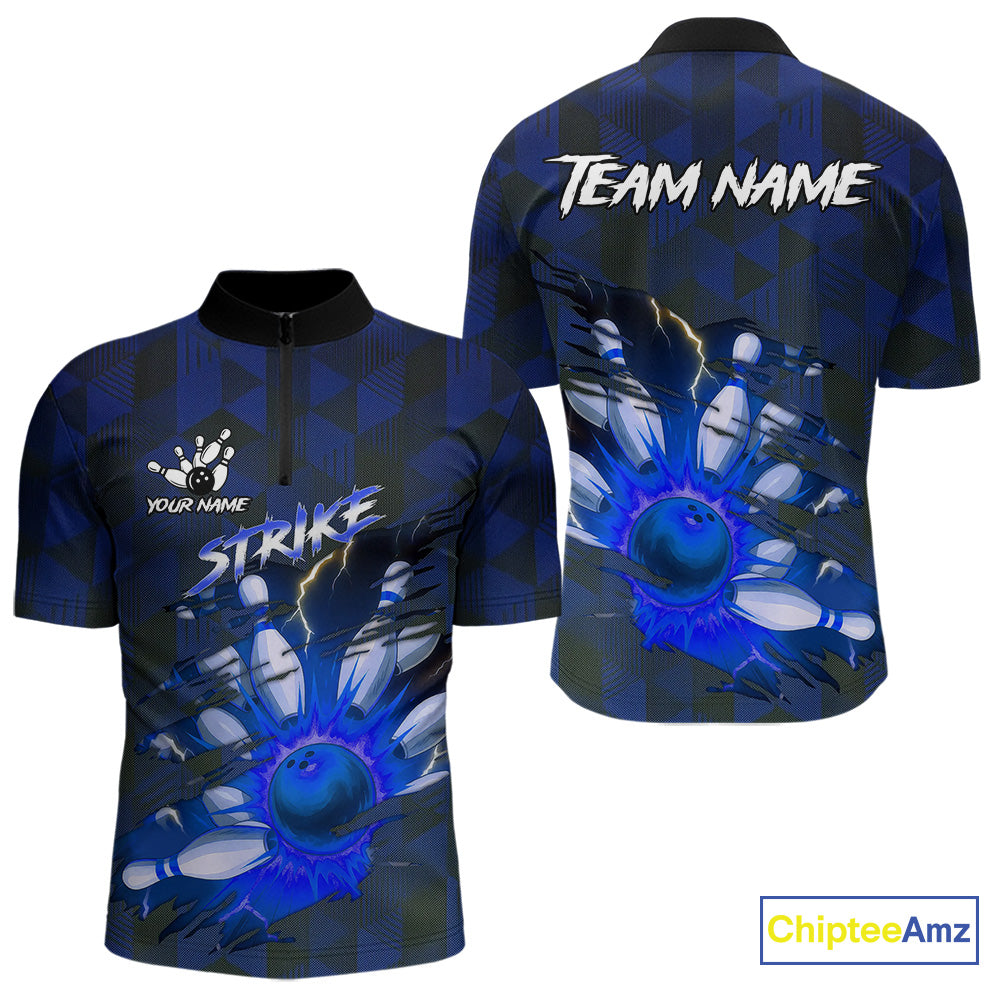 Blue Camo strike Men's Bowling Polo, Quarter Zip Shirt Custom Team Bowling jersey, gift for bowler NQS10343