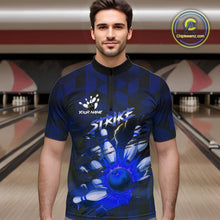Load image into Gallery viewer, Blue Camo strike Men&#39;s Bowling Polo, Quarter Zip Shirt Custom Team Bowling jersey, gift for bowler NQS10343