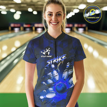 Load image into Gallery viewer, Blue Camo strike Women&#39;s Bowling Polo, Quarter Zip Shirt Custom Team Bowling jersey, gift for bowler NQS10343