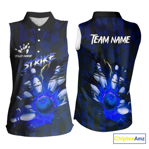 Blue Camo strike Women's Bowling Sleeveless Polo Shirt Custom Team Bowling jersey, gift for bowler NQS10343