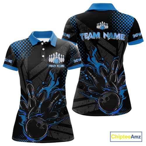 Personalized Black and Blue Flame Bowling Polo, 1/4 Zip Shirts For Women, Custom bowling Team Jerseys NQS10771