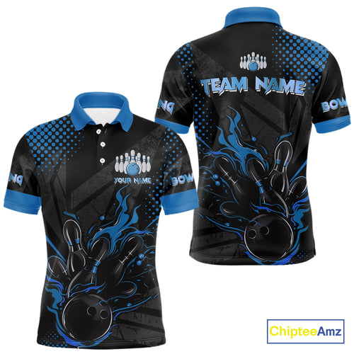 Personalized Black and Blue Flame Bowling Polo, 1/4 Zip Shirts For Men, Custom bowling Team Jerseys NQS10771