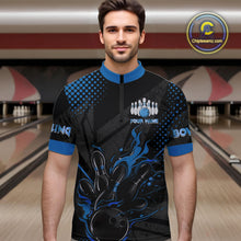 Load image into Gallery viewer, Personalized Black and Blue Flame Bowling Polo, 1/4 Zip Shirts For Men, Custom bowling Team Jerseys NQS10771