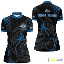 Load image into Gallery viewer, Personalized Black and Blue Flame Bowling Polo, 1/4 Zip Shirts For Women, Custom bowling Team Jerseys NQS10771