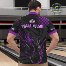 Load image into Gallery viewer, Personalized Black and Purple Flame Bowling Polo, 1/4 Zip Shirts For Men, Custom bowling Team Jerseys NQS10773