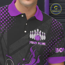 Load image into Gallery viewer, Personalized Black and Purple Flame Bowling Polo, 1/4 Zip Shirts For Men, Custom bowling Team Jerseys NQS10773