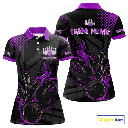 Personalized Black and Purple Flame Bowling Polo, 1/4 Zip Shirt For Women, Custom bowling Team Jersey NQS10773