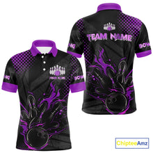 Load image into Gallery viewer, Personalized Black and Purple Flame Bowling Polo, 1/4 Zip Shirts For Men, Custom bowling Team Jerseys NQS10773