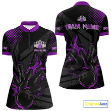 Load image into Gallery viewer, Personalized Black and Purple Flame Bowling Polo, 1/4 Zip Shirt For Women, Custom bowling Team Jersey NQS10773
