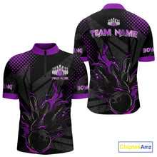 Load image into Gallery viewer, Personalized Black and Purple Flame Bowling Polo, 1/4 Zip Shirts For Men, Custom bowling Team Jerseys NQS10773