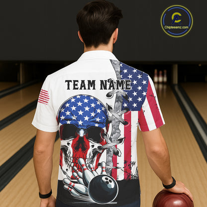 American Flag Skull Bowling Button-up Shirt Custom Patriotic Hawaiian Bowling Team jerseys NQS11694