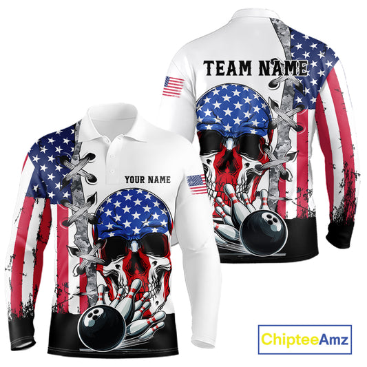 American Flag Skull Bowling Polo, Quarter Zip Shirts for Men Custom Patriotic Bowling Team jerseys NQS11694