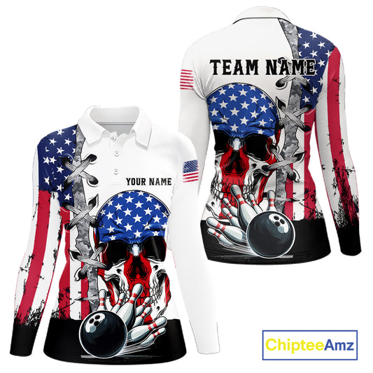 American Flag Skull Bowling Polo, Quarter Zip Shirts for Women Custom Patriotic Bowling Team jerseys NQS11694